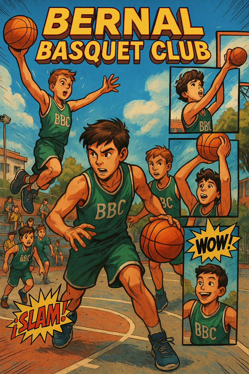 Ejemplo de cómic del Bernal Básquet Club mostrando jugadores en acción