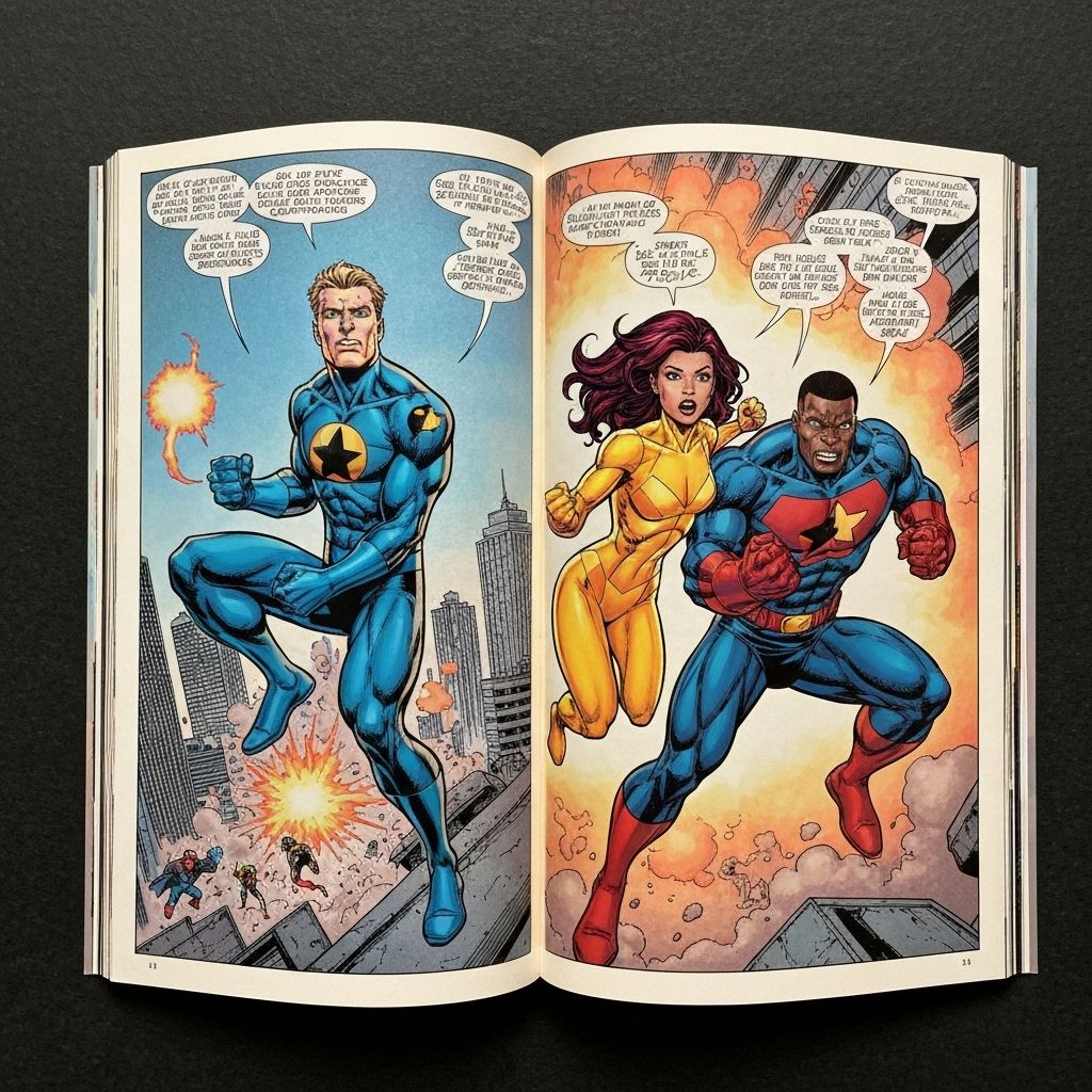 Cómic personalizado abierto mostrando héroes en acción